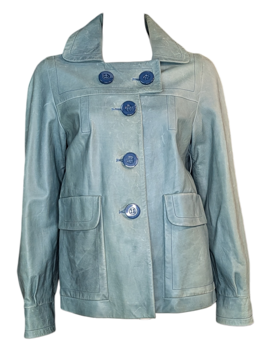 Front view of Chloé lambskin leather jacket with oversized blue buttons