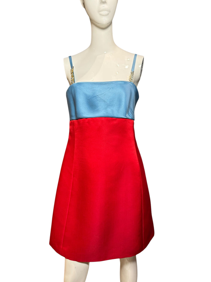 Versace F/W 1996 Red & Blue Colorblock Satin Mini Dress with Crystal Logo Straps, Apparel, Versace, RERACKED