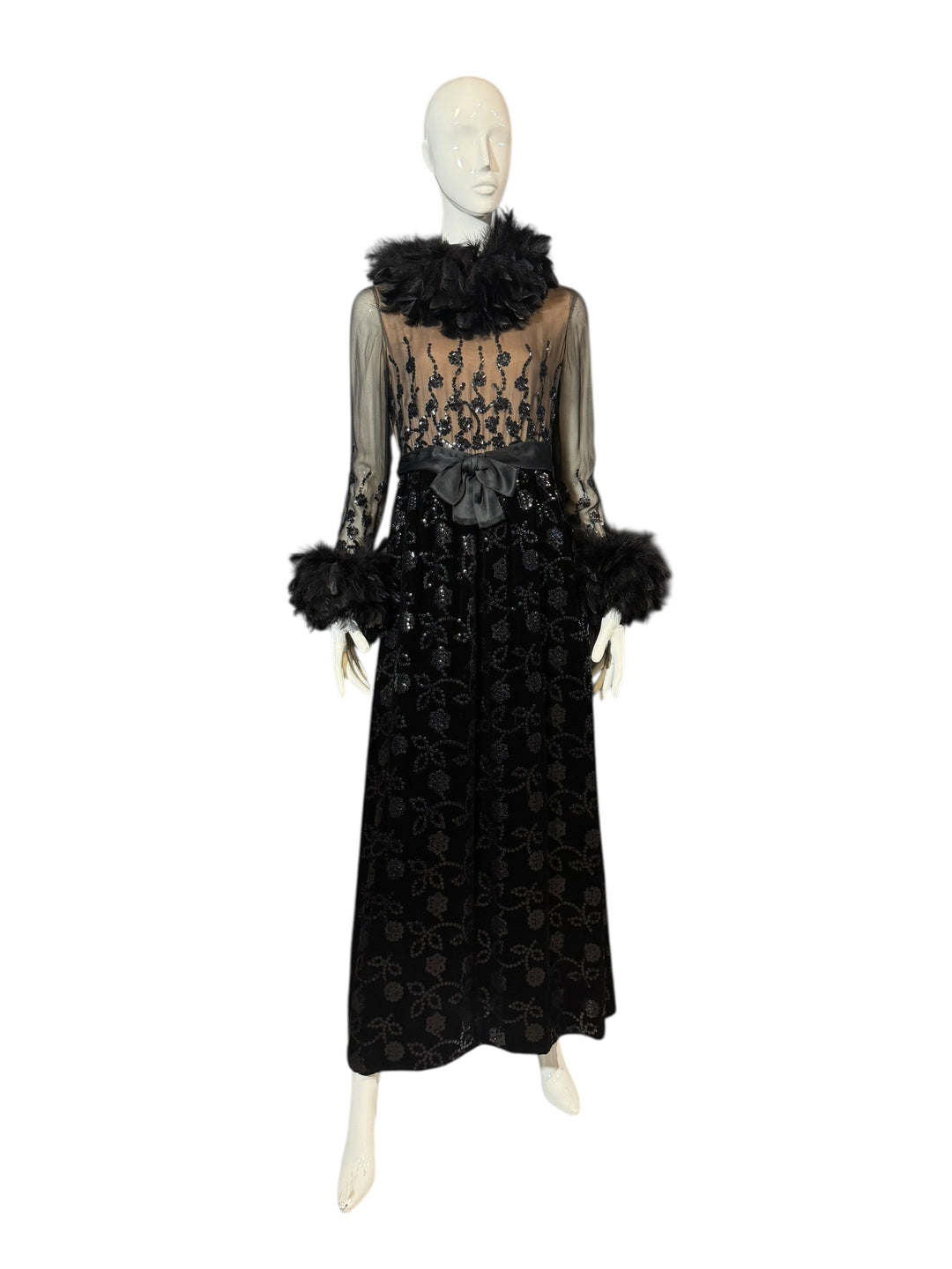 1970 Oscar de la Renta Black Velvet Gown with Sequin Embroidery & Ostrich Feather Trim (Vogue + Museum Featured), Apparel, Oscar de la Renta, RERACKED