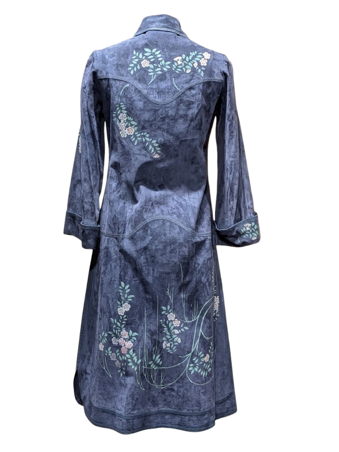 A dark blue-gray velvet long coat with floral embroidery on the back and sleeves, shown against a plain white background.ROBERTO CAVALLI RERACKED VOGUE 1970'S PAINTED SUEDE COLLECTION RARE - FASHION HISTORY MET MUSEUM