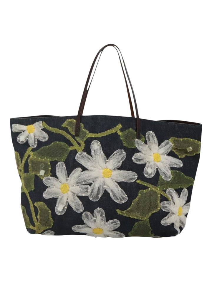 1990s Fendi Daisy Appliqué Denim Tote with Leather Handles - Front view showcasing blooming white daisies and green embroidery.