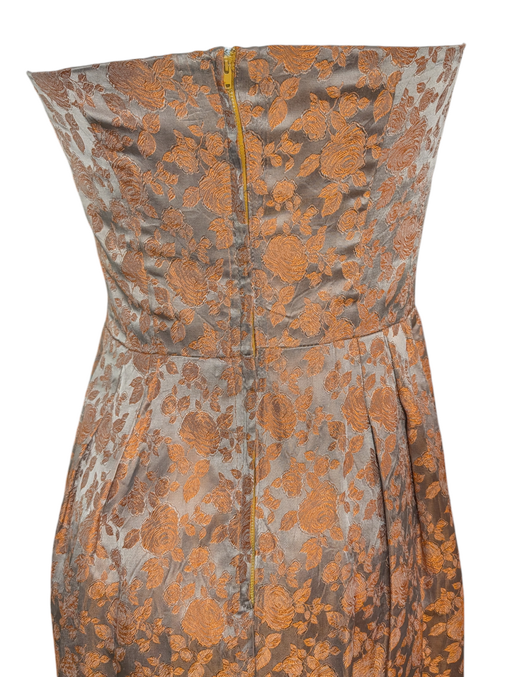 1960s Silver and Copper Silk Jacquard Strapless Gown