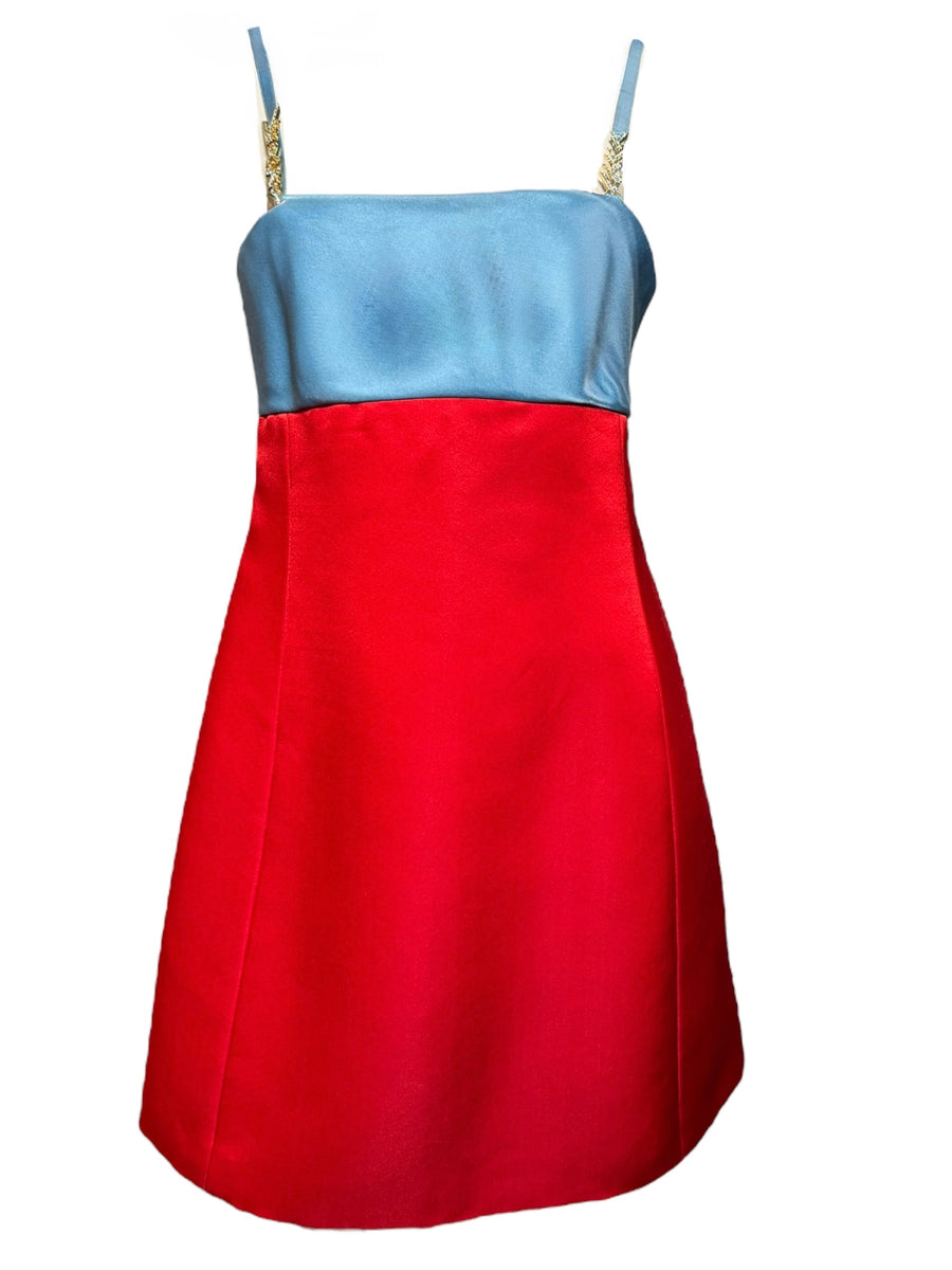Versace F/W 1996 Red & Blue Colorblock Satin Mini Dress with Crystal Logo Straps, Apparel, Versace, RERACKED