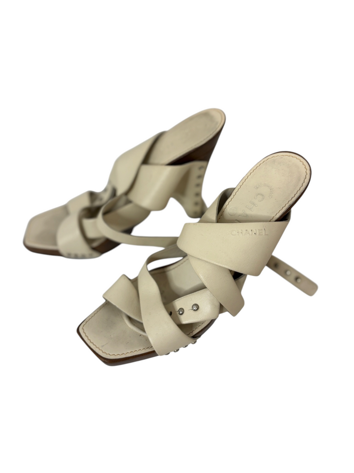 Chanel Cream Leather & Wood Studded Clog Mule, 40.5