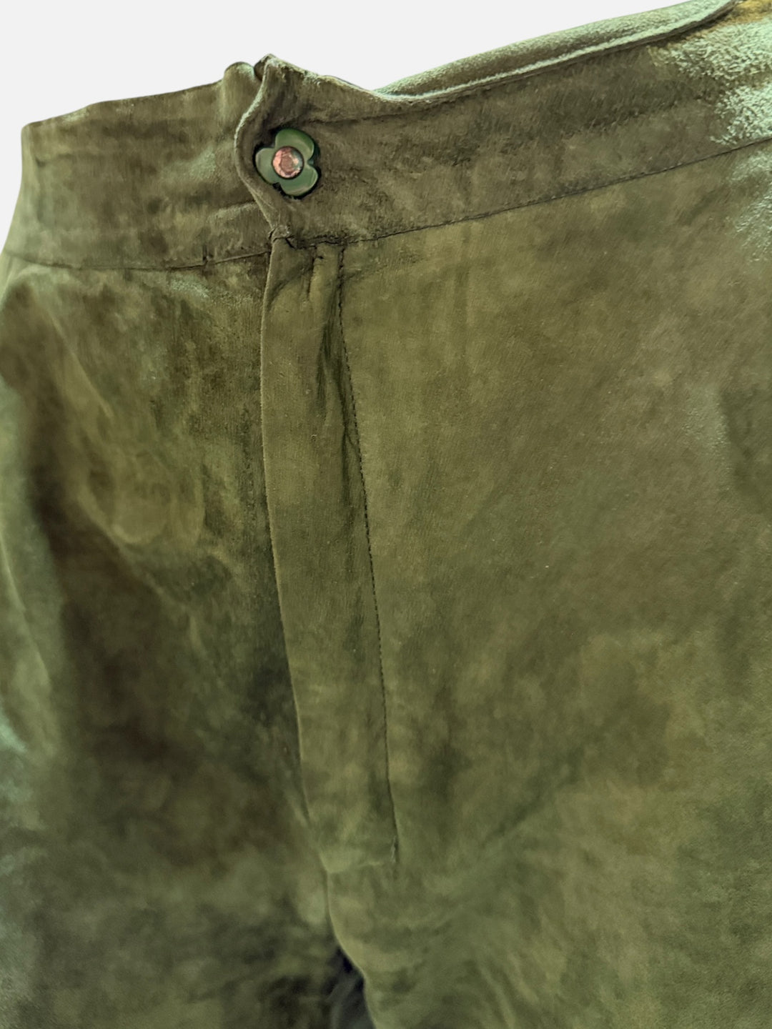 1970s Roberto Cavalli for Crissa Olive Green Printed Suede Shirt Jacket and Trouser Set