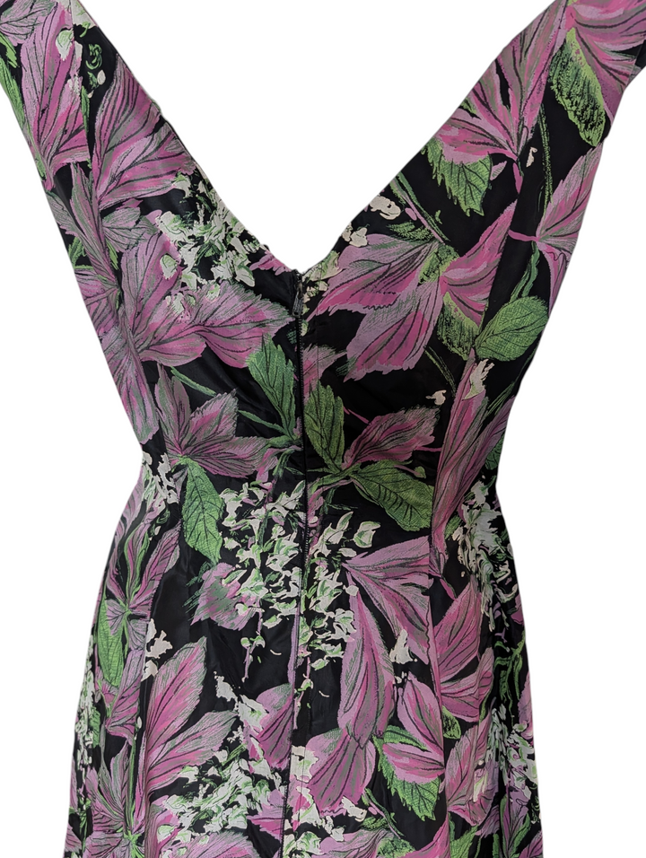 Nina Ricci Black Silk Hand Painted Floral Evening Gown with Deep V Back
