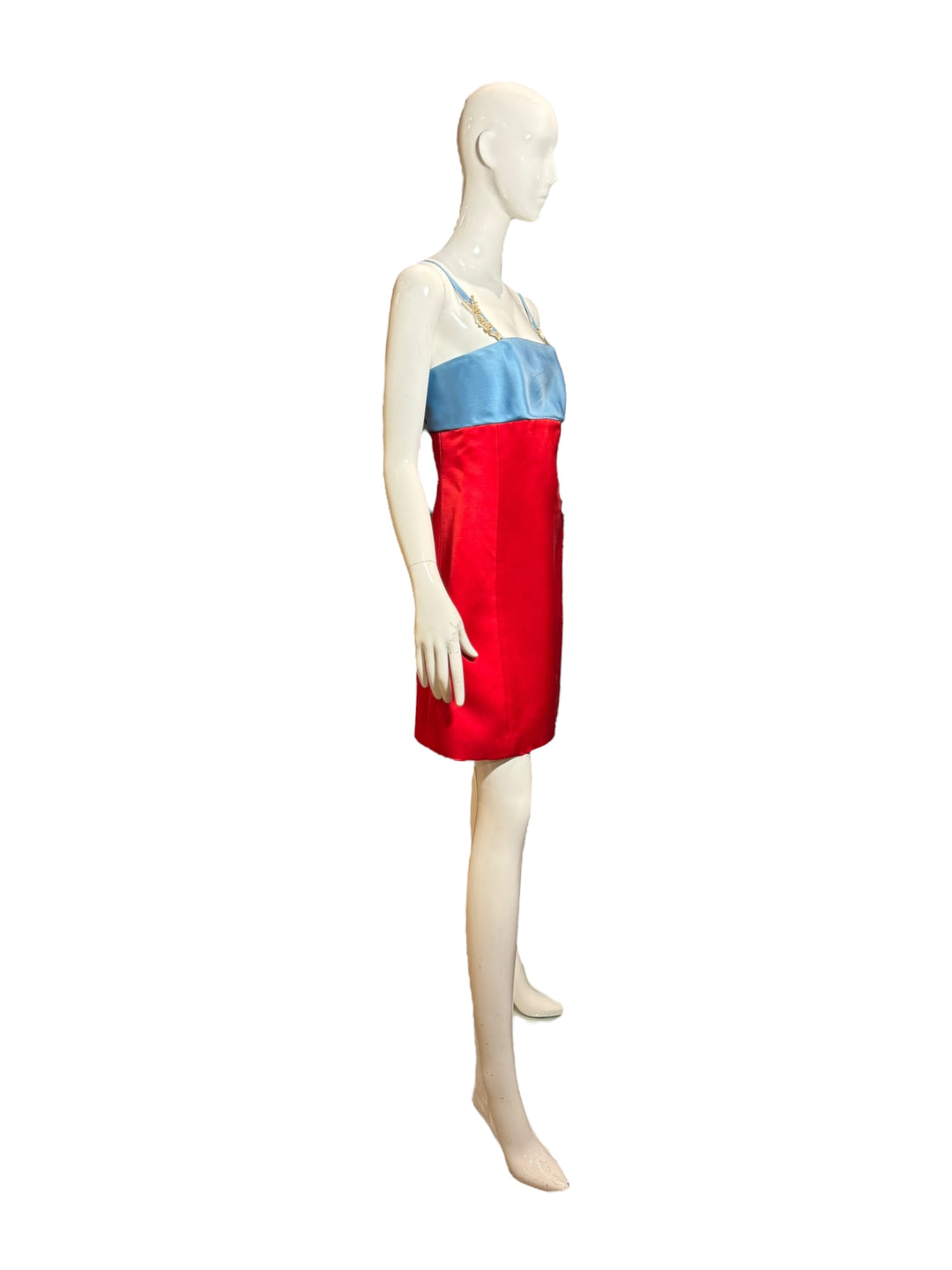 Versace F/W 1996 Red & Blue Colorblock Satin Mini Dress with Crystal Logo Straps, Apparel, Versace, RERACKED