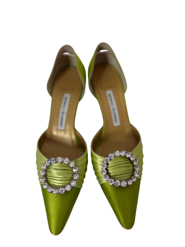 Manolo Blahnik Chartreuse Satin Crystal-Buckle d'Orsay Pump, 8