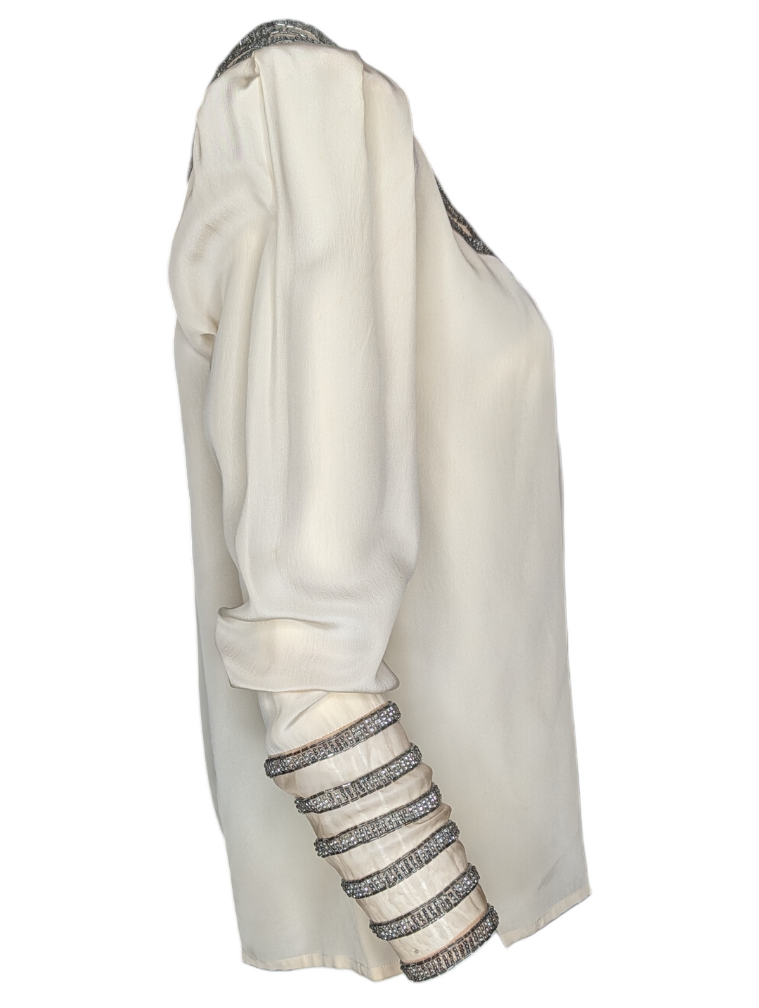 1930s Art Deco Illusion Mesh Yoke Blouse with Silver Glass Beadwork