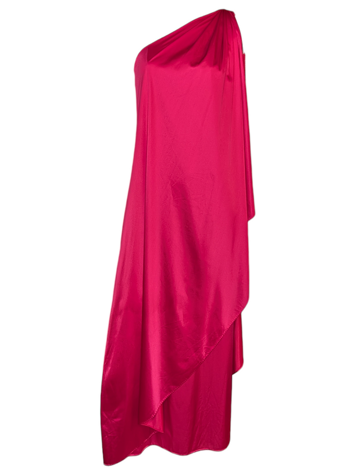 1970s Halston Hot Pink One-Shoulder Goddess Gown with High Slit