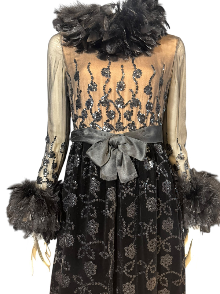 1970 Oscar de la Renta Black Velvet Gown with Sequin Embroidery & Ostrich Feather Trim (Vogue + Museum Featured), Apparel, Oscar de la Renta, RERACKED