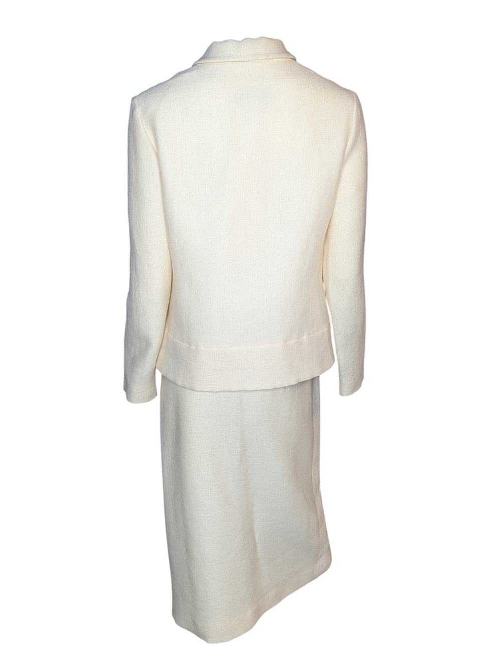 Back view of vintage Lanvin Paris ivory wool jacket and skirt showing clean minimalist tailoring