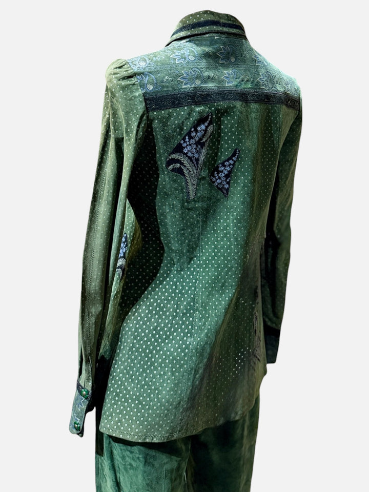 1970s Roberto Cavalli for Crissa Olive Green Printed Suede Shirt Jacket and Trouser Set