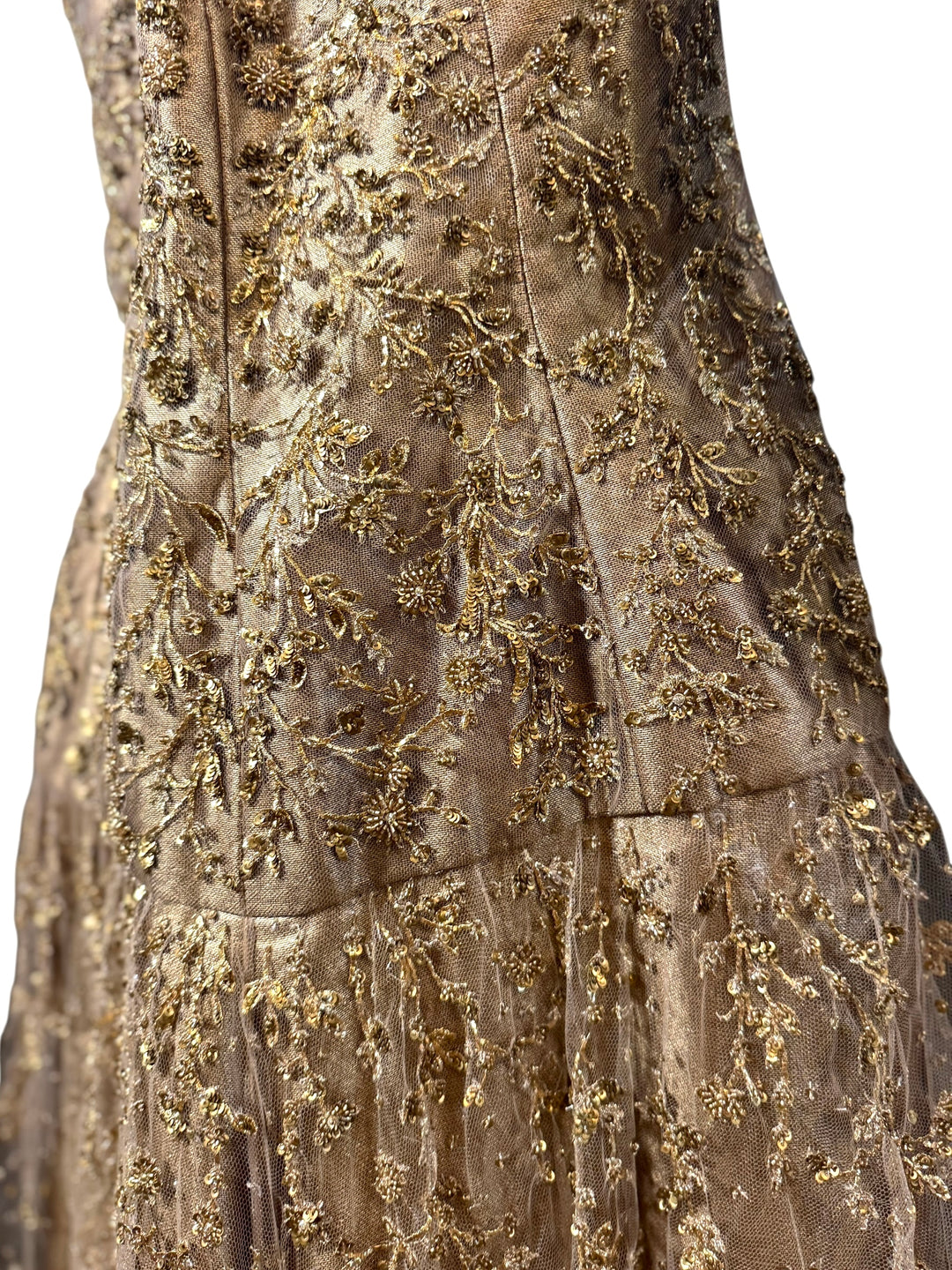 Unworn Ralph Lauren Fall 2006 strapless gold couture gown displayed close up for intricate hand beadwork 