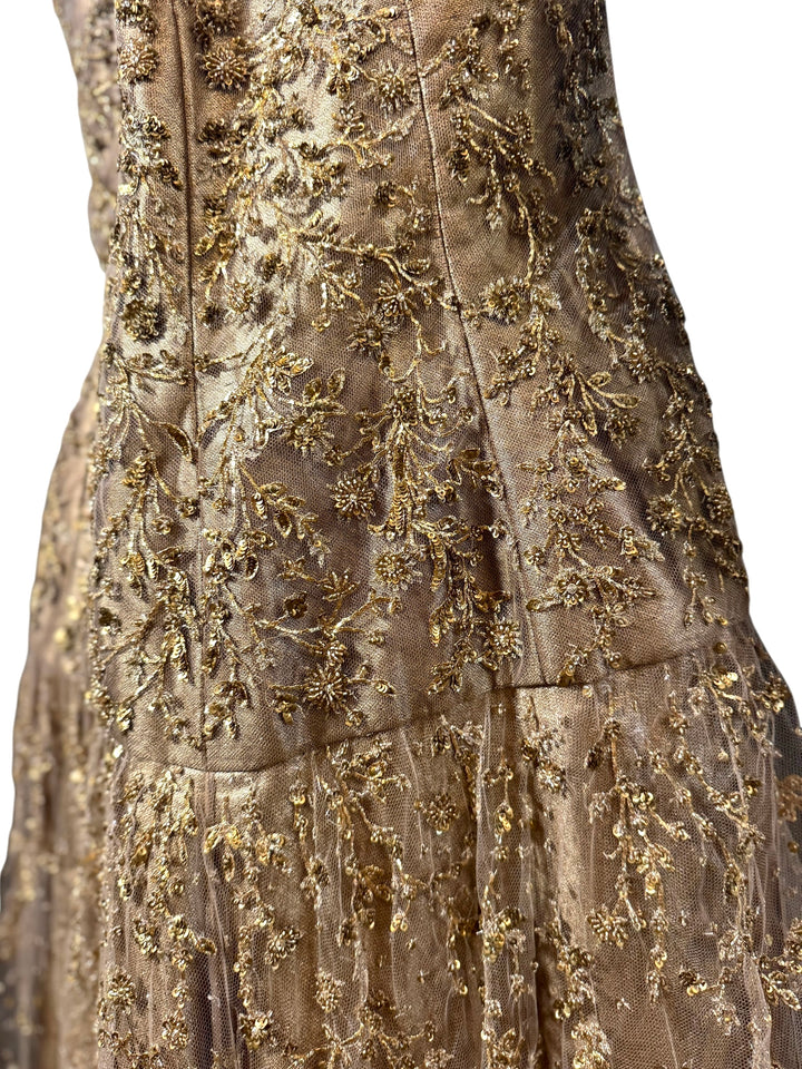 Unworn Ralph Lauren Fall 2006 strapless gold couture gown displayed close up for intricate hand beadwork 