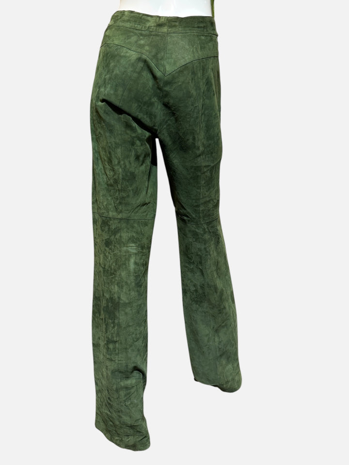 1970s Roberto Cavalli for Crissa Olive Green Printed Suede Shirt Jacket and Trouser Set