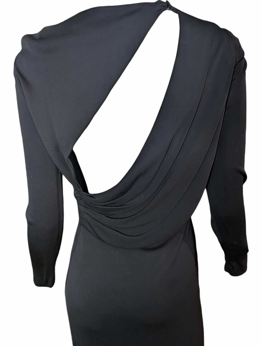 1970s Black Slinky Rayon Open Back Disco Gown