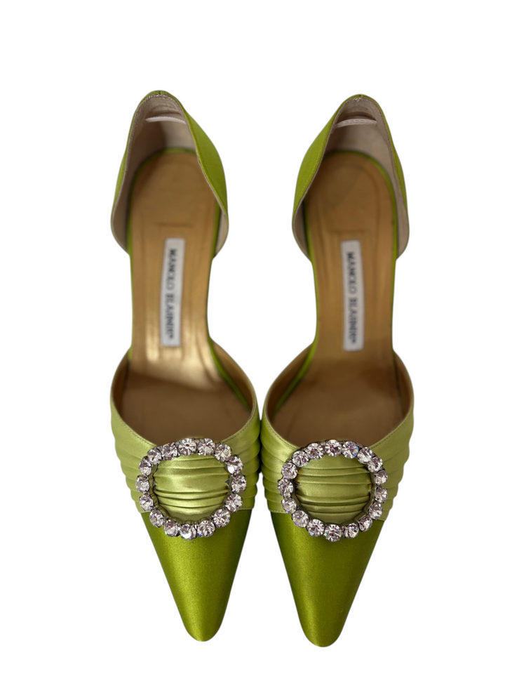 Manolo Blahnik Chartreuse Satin Crystal-Buckle d'Orsay Pump, 8