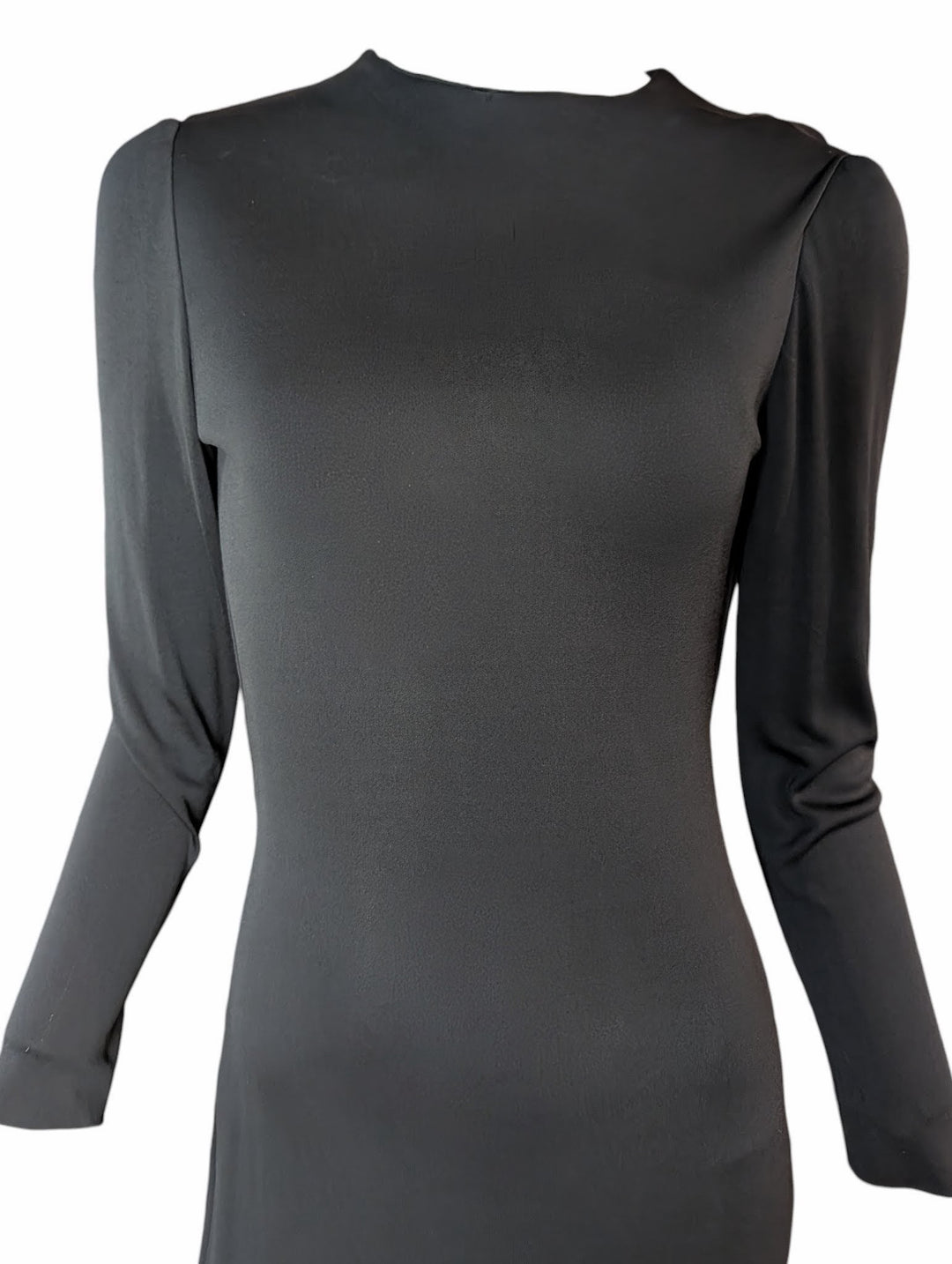 1970s Black Slinky Rayon Open Back Disco Gown