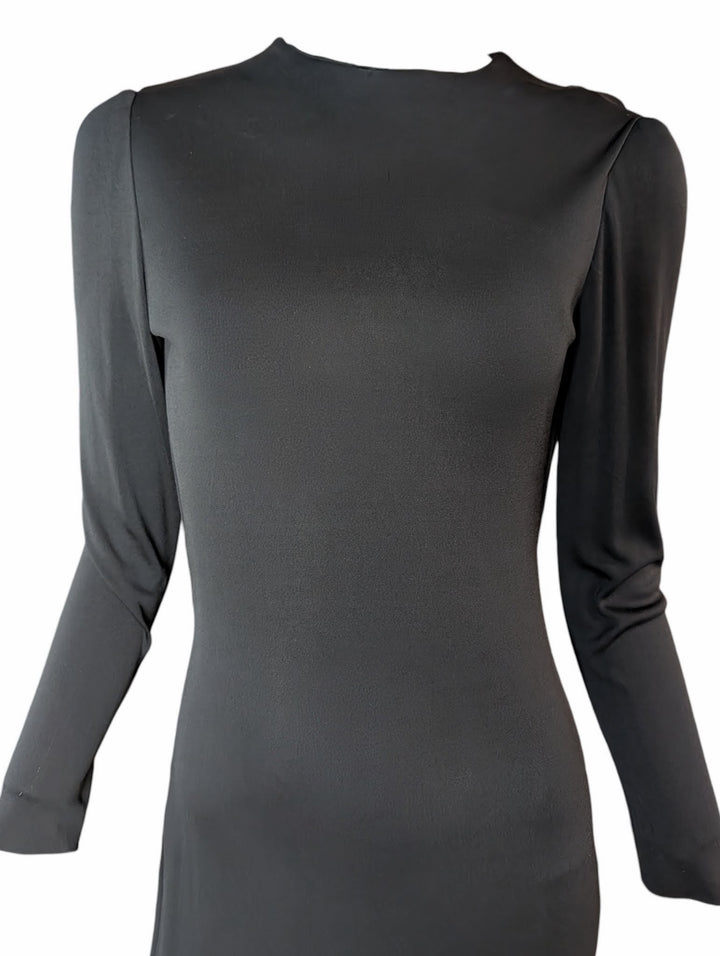 1970s Black Slinky Rayon Open Back Disco Gown