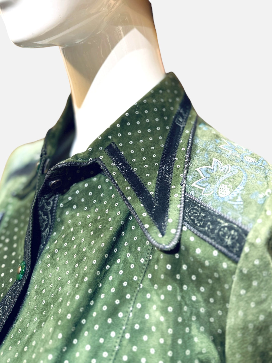 1970s Roberto Cavalli for Crissa Olive Green Printed Suede Shirt Jacket and Trouser Set