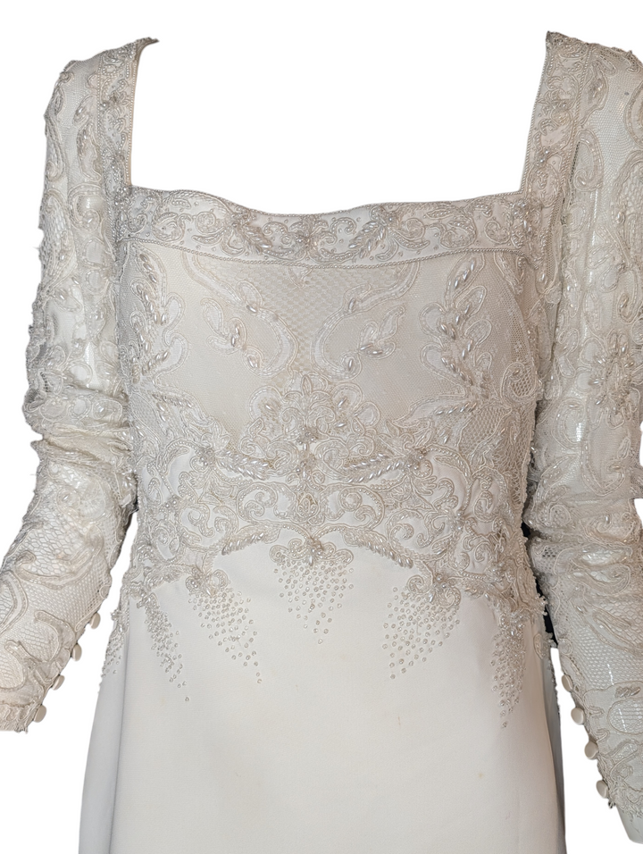 Badgley Mischka 1990s Beaded Lace Wedding Gown with Train
