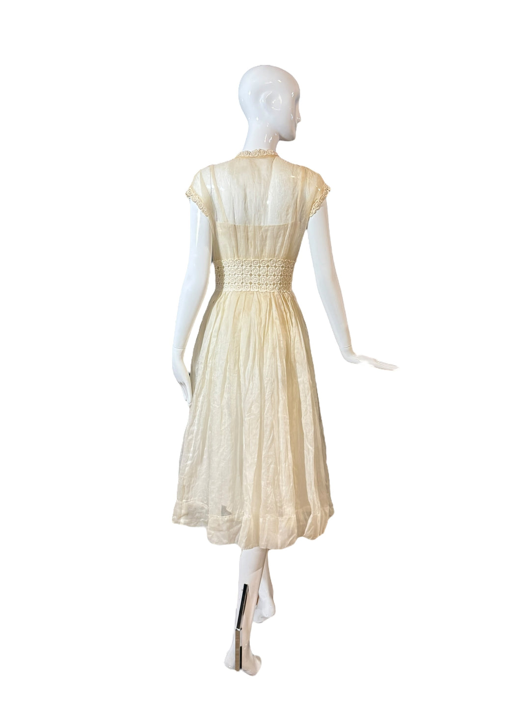 Vintage 1940s Sheer Ivory Organza Dress with Crochet Waist and Lucite Buttons, wedding dress, UNNAMED, RERACKED