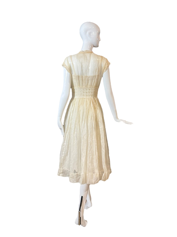Vintage 1940s Sheer Ivory Organza Dress with Crochet Waist and Lucite Buttons, wedding dress, UNNAMED, RERACKED