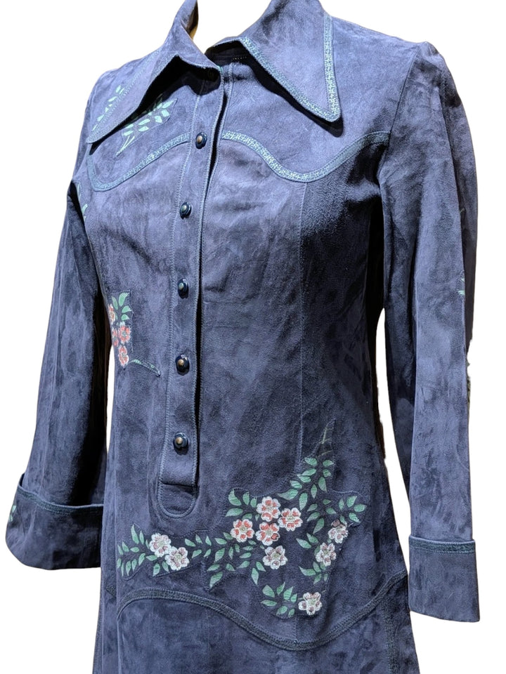 Early 1970s Roberto Cavalli Navy Hand-Painted Suede Shirtdress