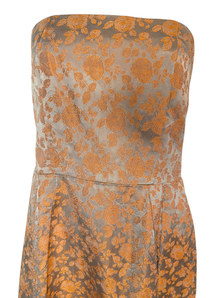 1960s Silver and Copper Silk Jacquard Strapless Gown