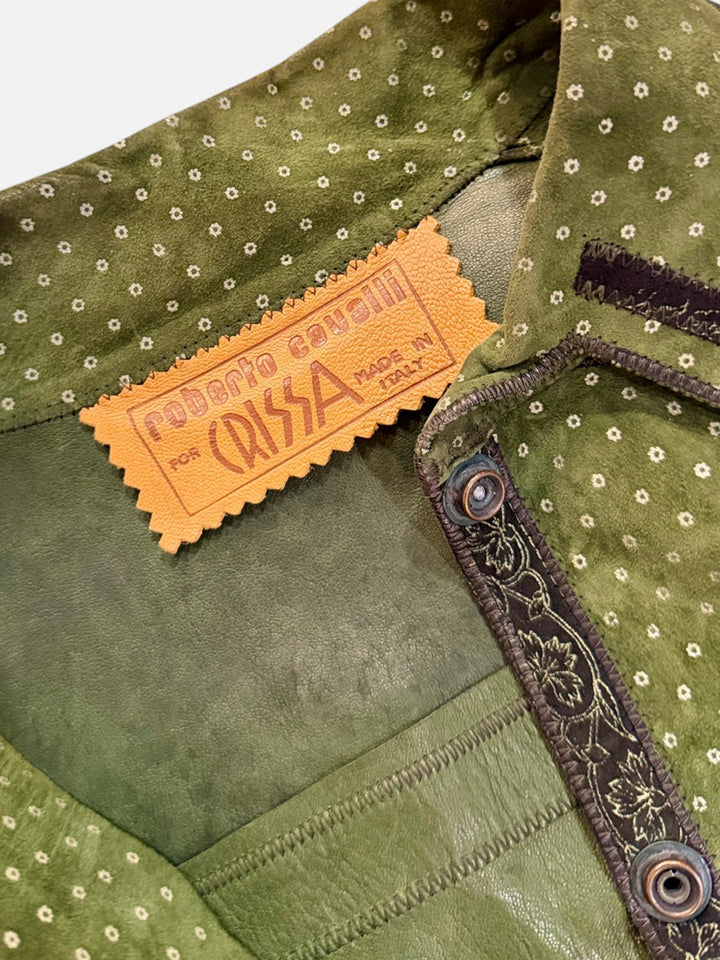 1970s Roberto Cavalli for Crissa Olive Green Printed Suede Shirt Jacket and Trouser Set