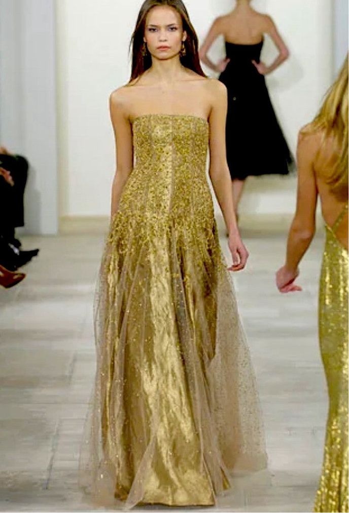 Unworn Ralph Lauren Fall 2006 strapless gold couture gown