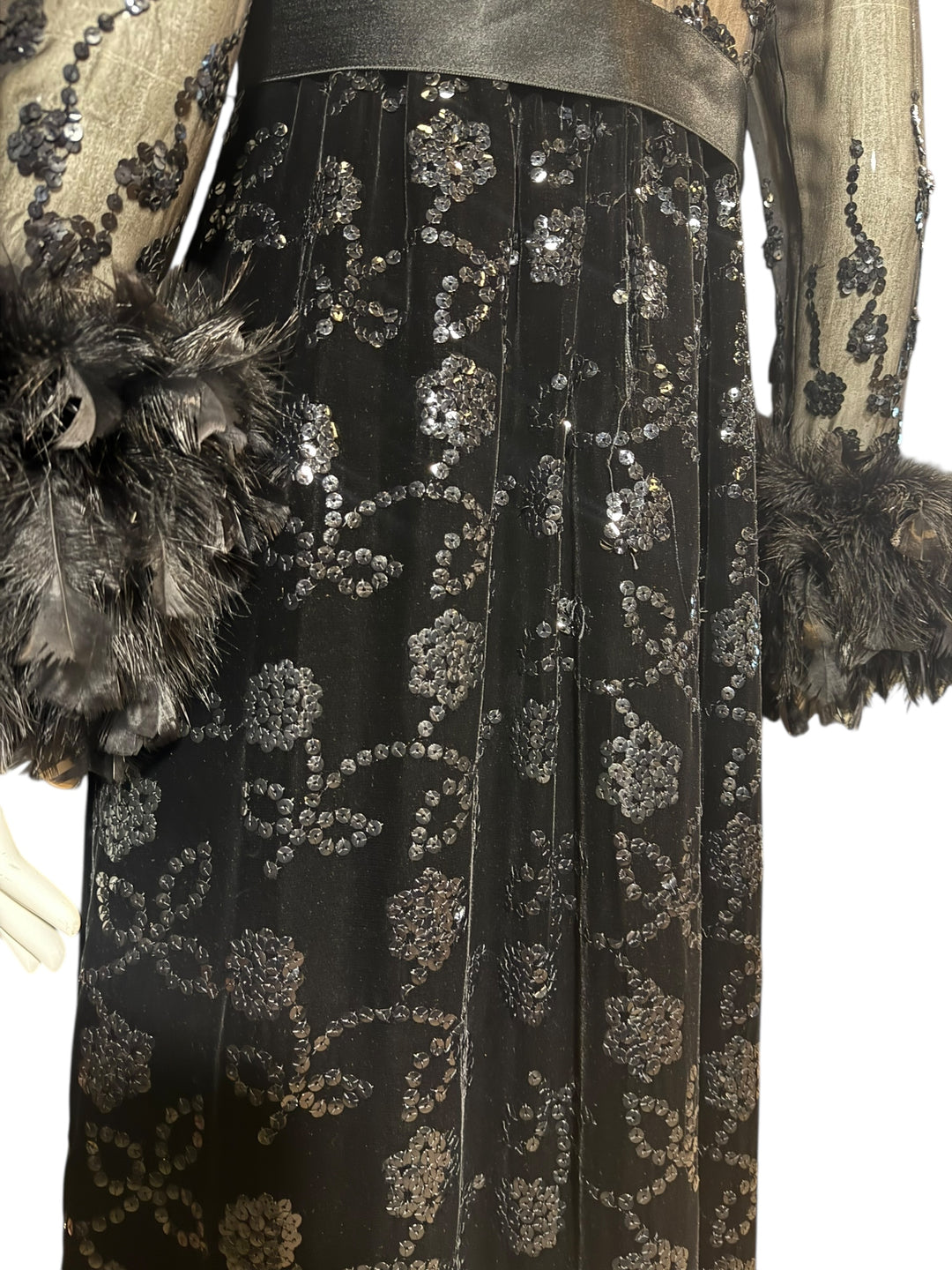 1970 Oscar de la Renta Black Velvet Gown with Sequin Embroidery & Ostrich Feather Trim (Vogue + Museum Featured), Apparel, Oscar de la Renta, RERACKED