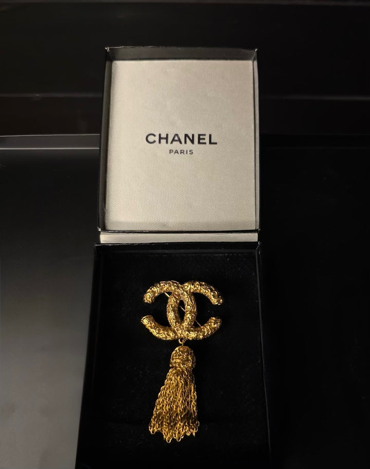 1993 Chanel Gold Plated CC Tassel Brooch with Box, Accessories, Chanel, RERACKED