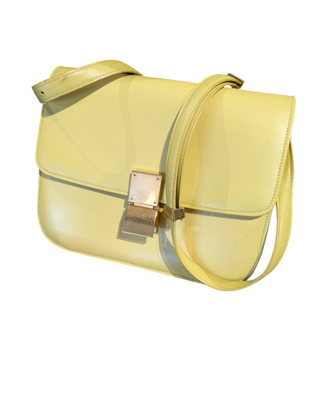 Pre-owned yellow Celine Classic Box Bag in small size with gold-tone hardware.