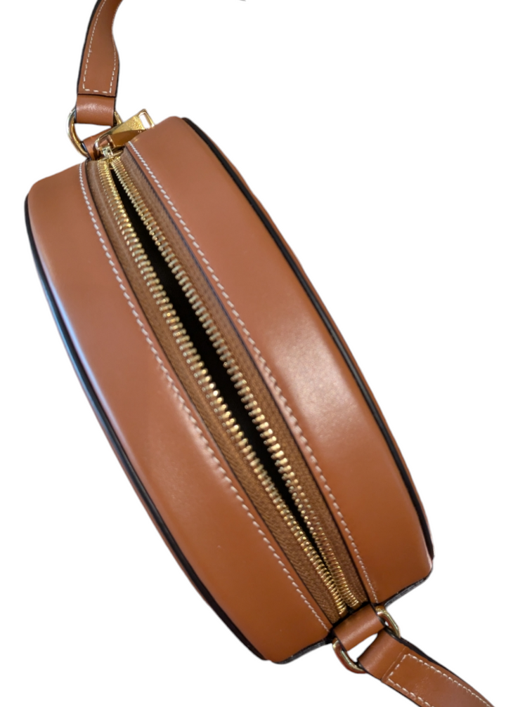 Cèline oval crossbody canvas with leather, brown and canvas colored bag with gold hardware