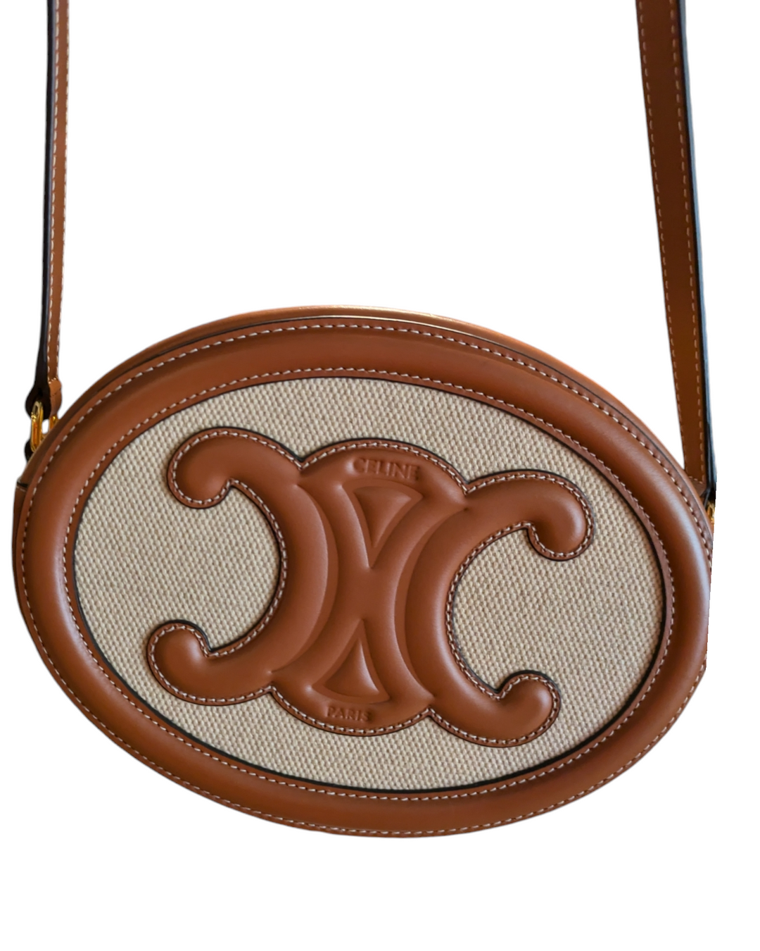 Cèline oval crossbody canvas with leather, brown and canvas colored bag with gold hardware