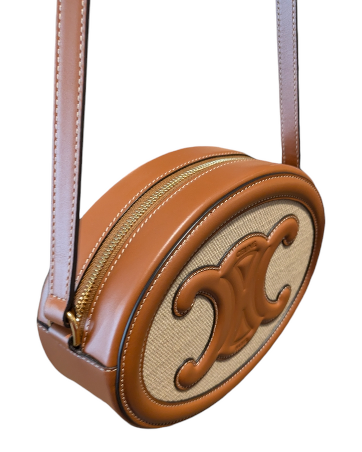 Cèline oval crossbody canvas with leather, brown and canvas colored bag with gold hardware