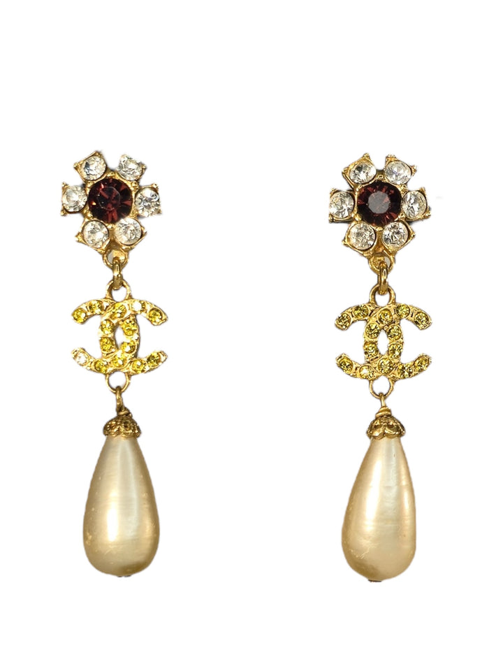 Chanel 1995 Gold Crystal CC Logo & Pearl Drop Clip-On Earrings, Accessories, Chanel, RERACKED