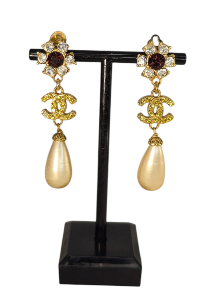 Chanel 1995 Gold Crystal CC Logo & Pearl Drop Clip-On Earrings, Accessories, Chanel, RERACKED
