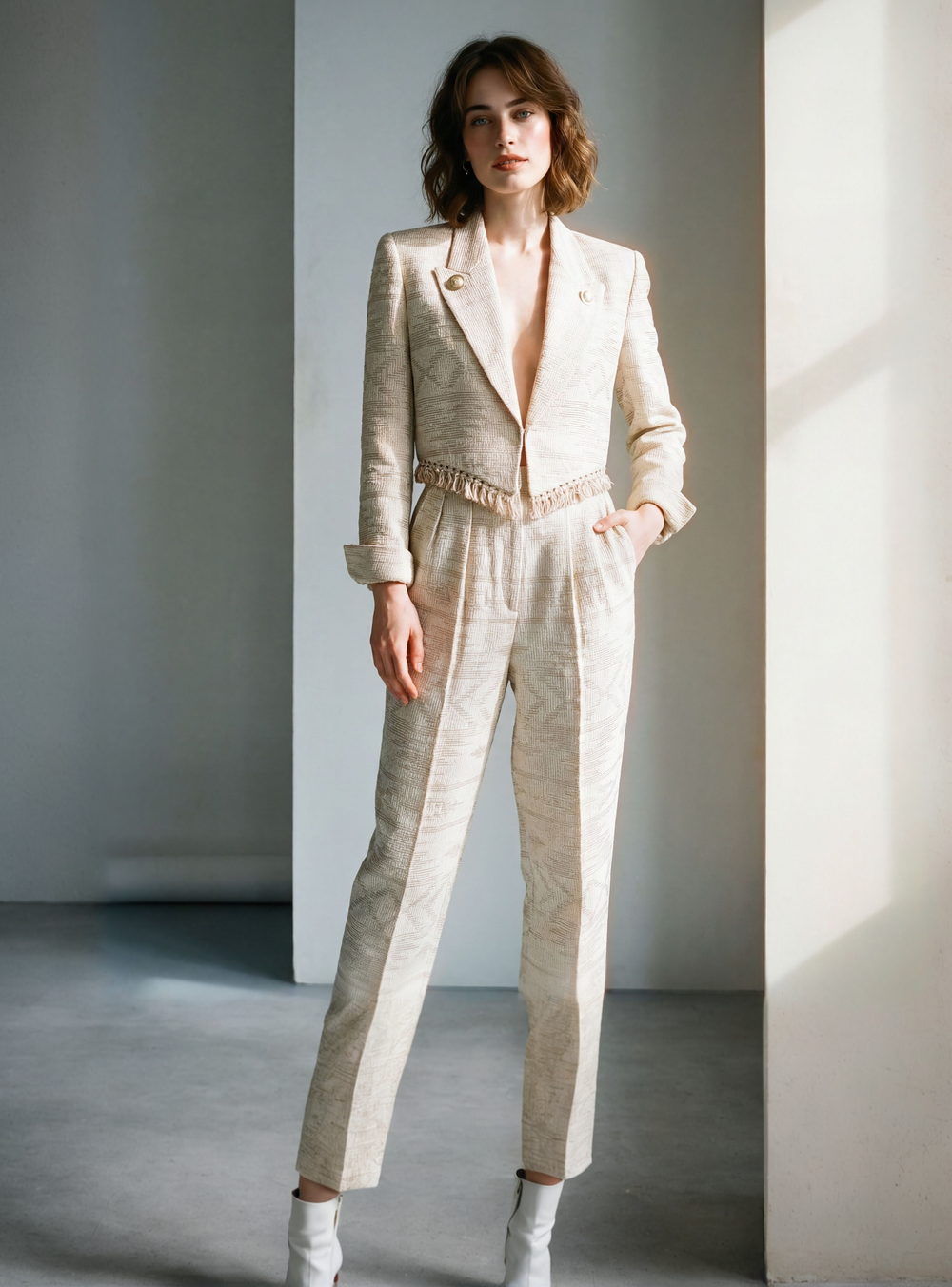Woman wearing a light-colored suit standing against a neutral background