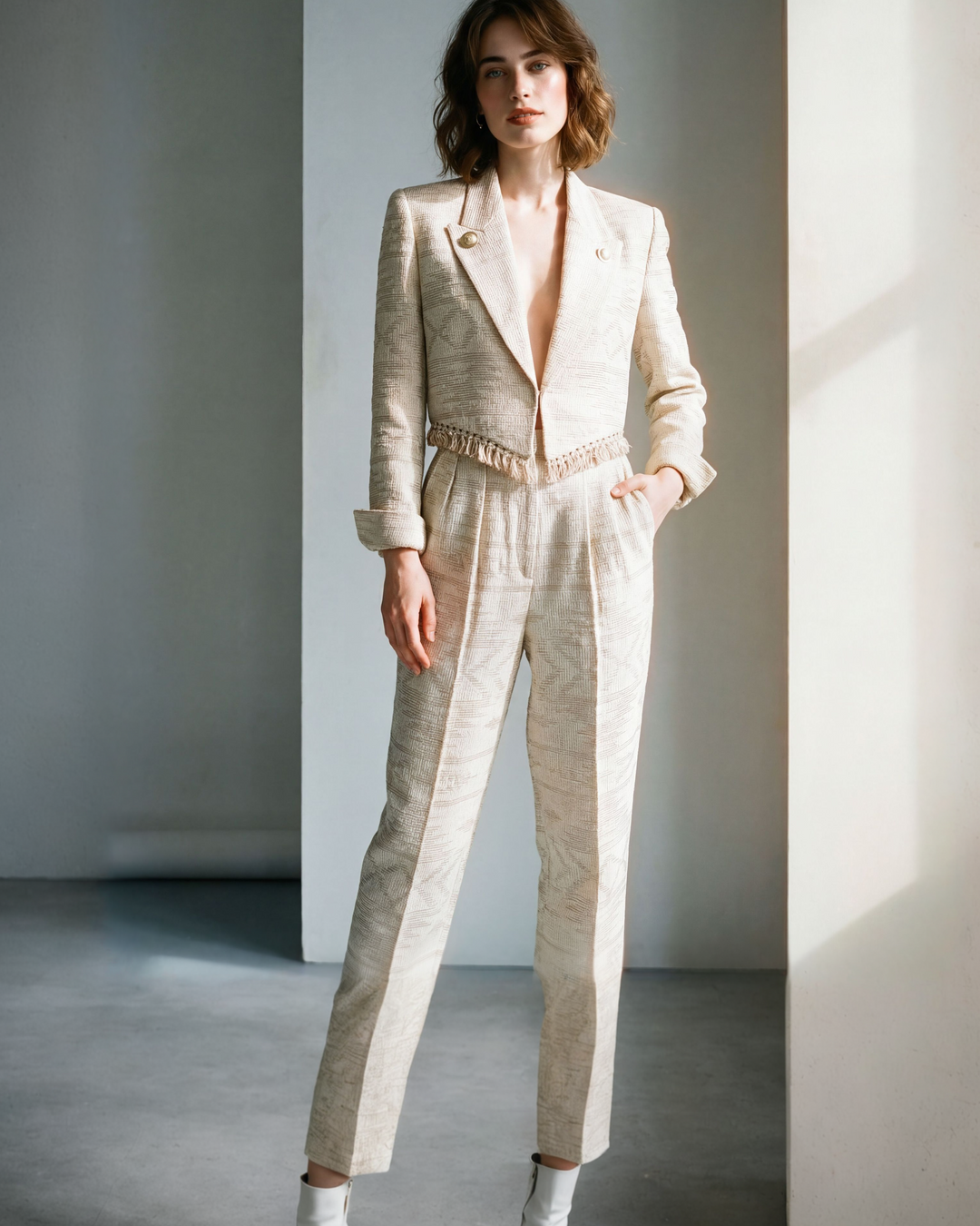 Woman wearing a light-colored suit standing against a neutral background