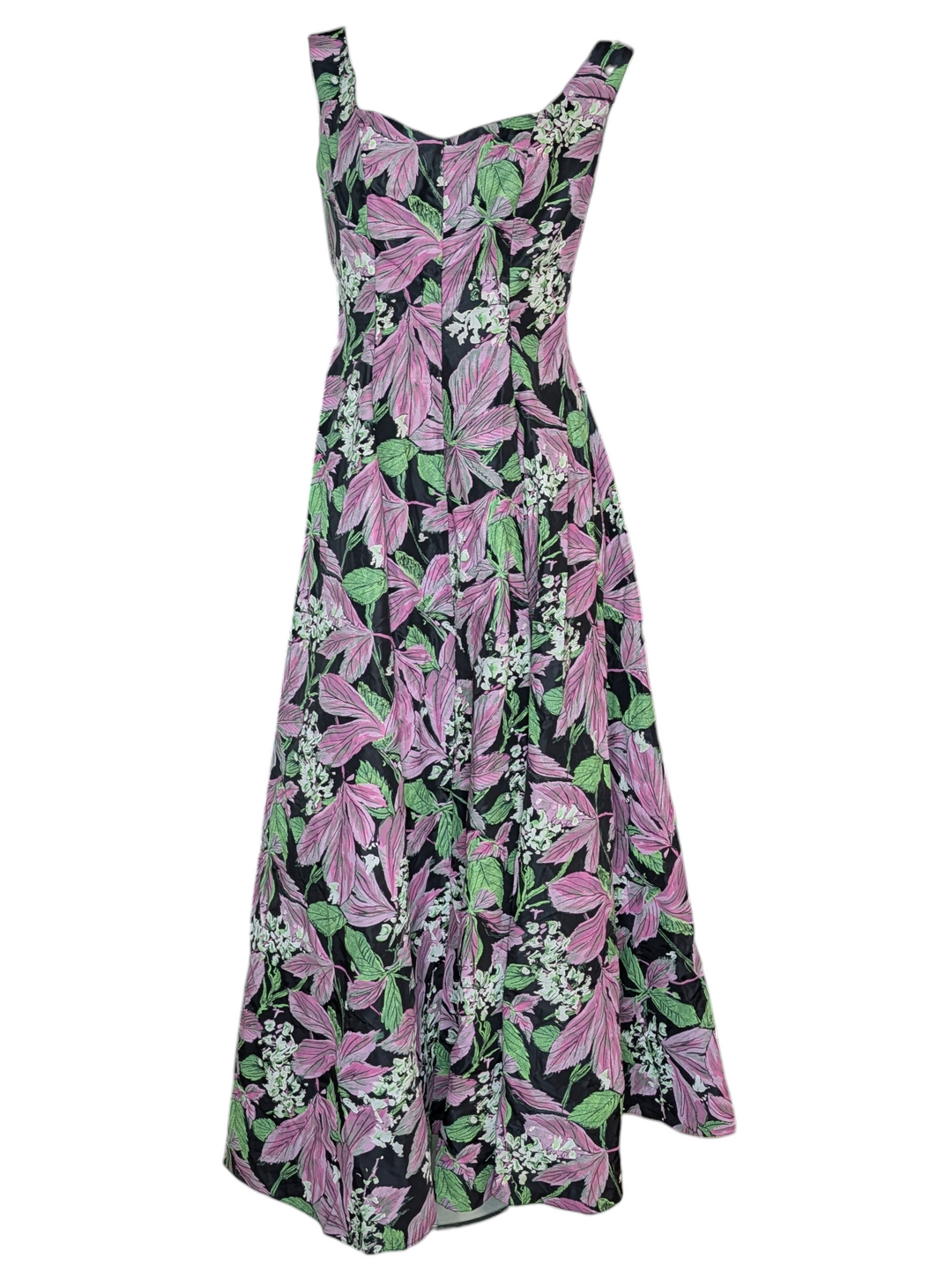 Nina Ricci Black Silk Hand Painted Floral Evening Gown with Deep V Back