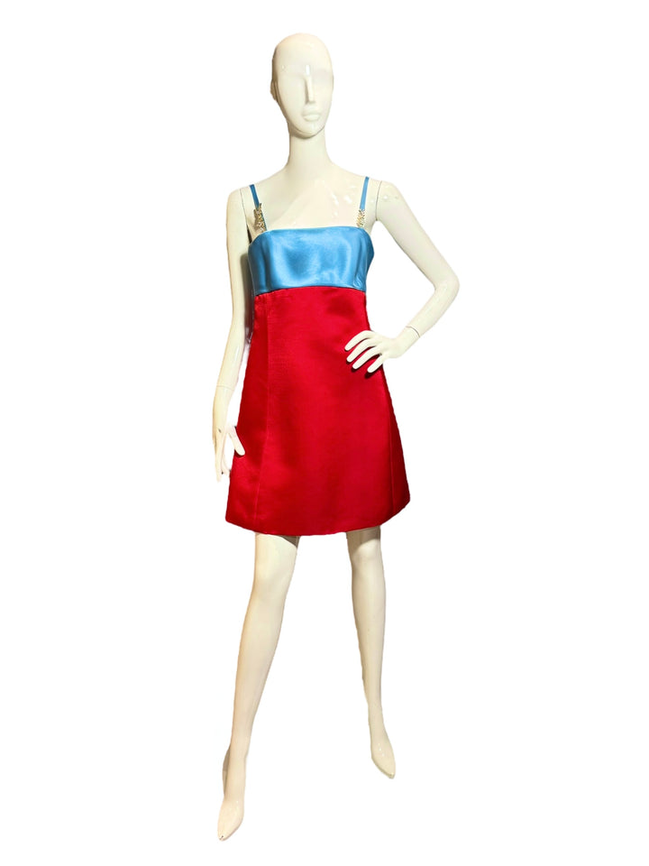 Versace F/W 1996 Red & Blue Colorblock Satin Mini Dress with Crystal Logo Straps, Apparel, Versace, RERACKED