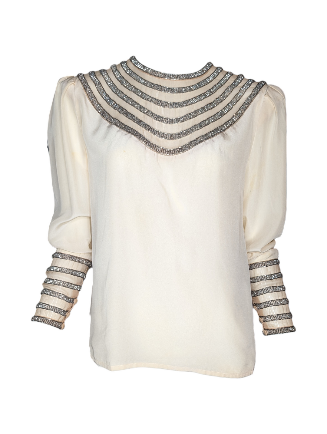 1930s Art Deco Illusion Mesh Yoke Blouse with Silver Glass Beadwork