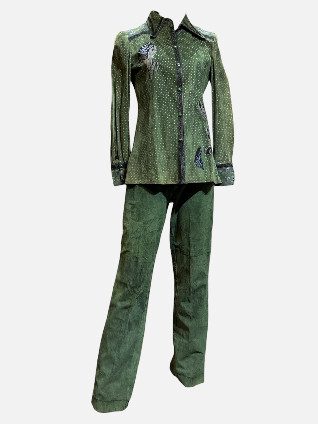1970s Roberto Cavalli for Crissa Olive Green Printed Suede Shirt Jacket and Trouser Set