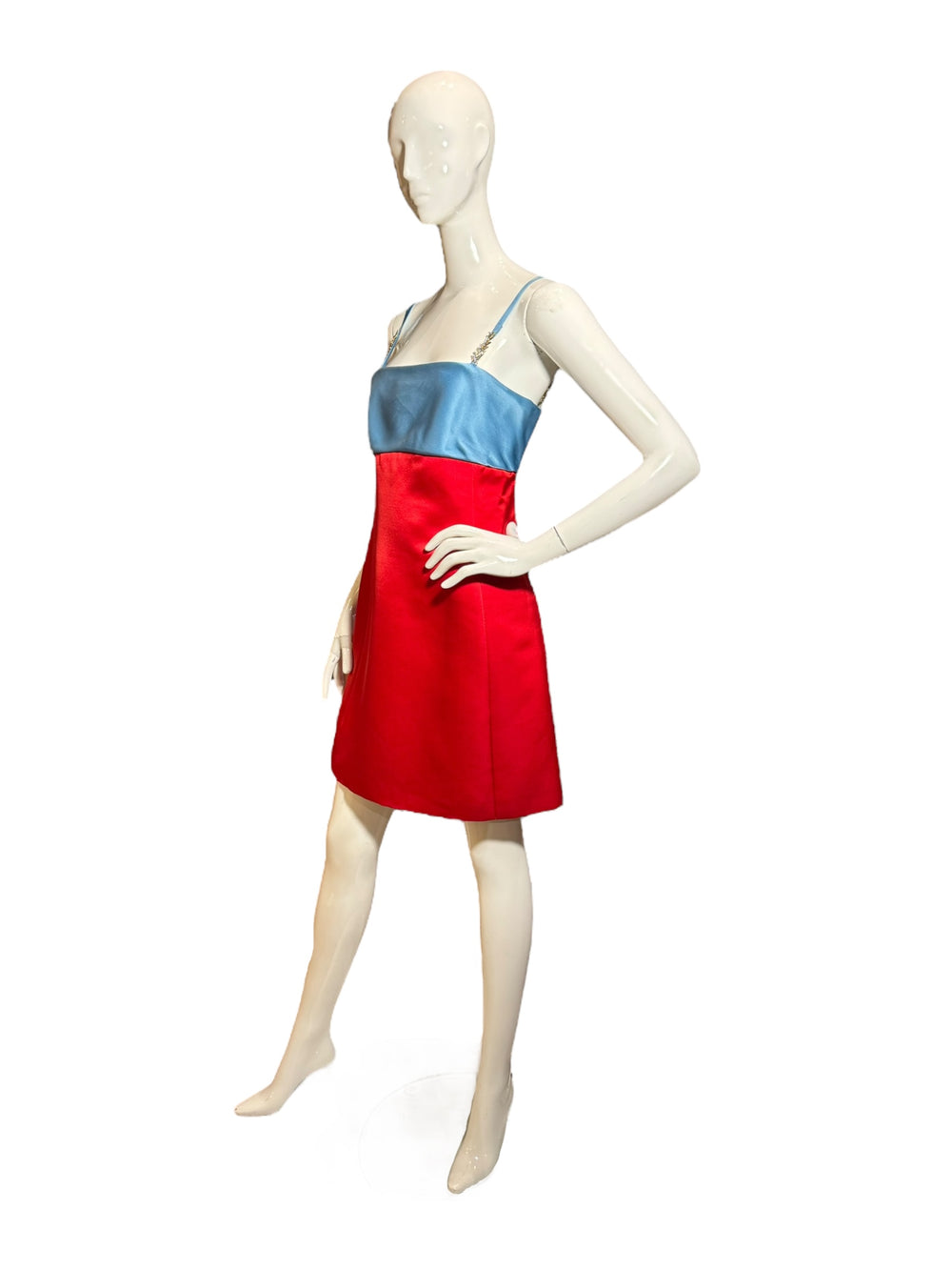 Versace F/W 1996 Red & Blue Colorblock Satin Mini Dress with Crystal Logo Straps, Apparel, Versace, RERACKED