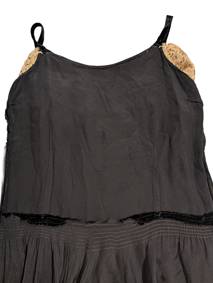 1940s Black Velvet Evening Gown with Ecru Lace and Rhinestones