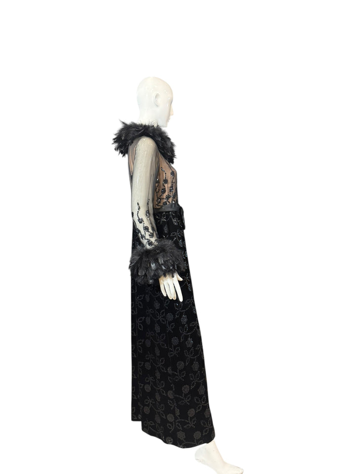 1970 Oscar de la Renta Black Velvet Gown with Sequin Embroidery & Ostrich Feather Trim (Vogue + Museum Featured), Apparel, Oscar de la Renta, RERACKED