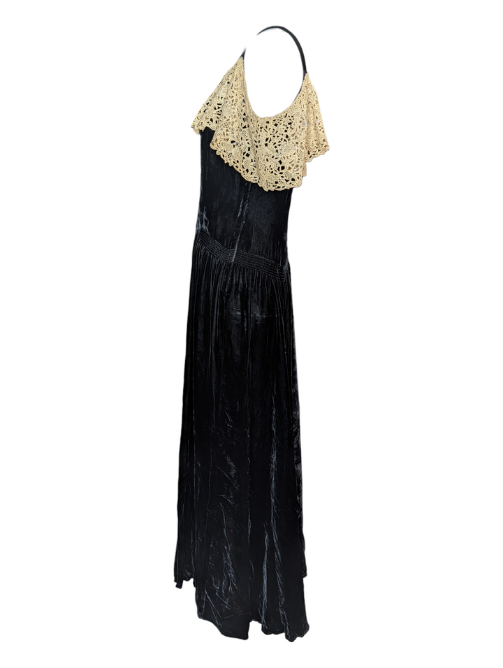 1940s Black Velvet Evening Gown with Ecru Lace and Rhinestones